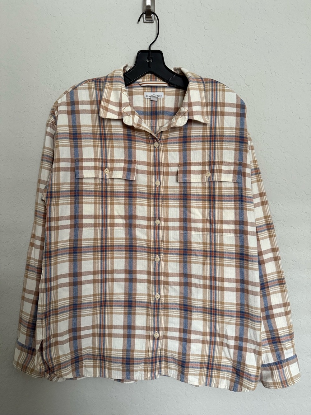 L.L.Bean Signature Tan Plaid Flannel Button Down Shirt Womens M Cotton Cabincore